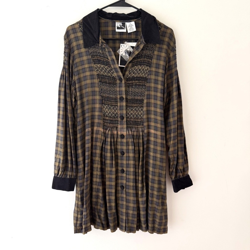 Vintage Phool Plaid Smocked Mini Dress Womens Medium Academia Grunge Boho NWT